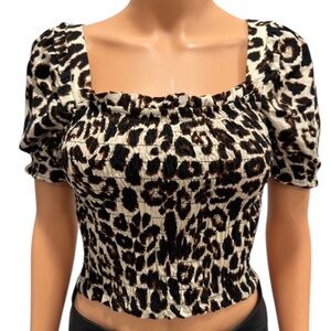 MONTEAU Leopard Animal Print Short Sleeve Smocked Linen Blend Crop NWT Large